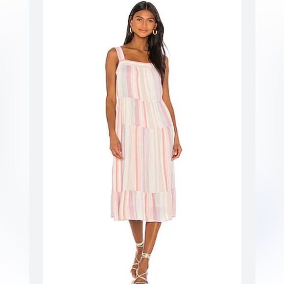 Rails Pink Scoop Neck Striped Linen Blend Midi Dress - Picture 1 of 6